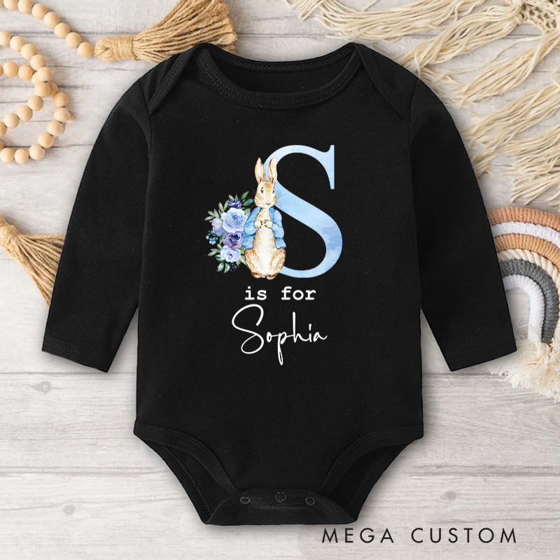 Personalized Bunny and Floral Initial Design for Baby's First Easter Celebration Baby Bodysuit