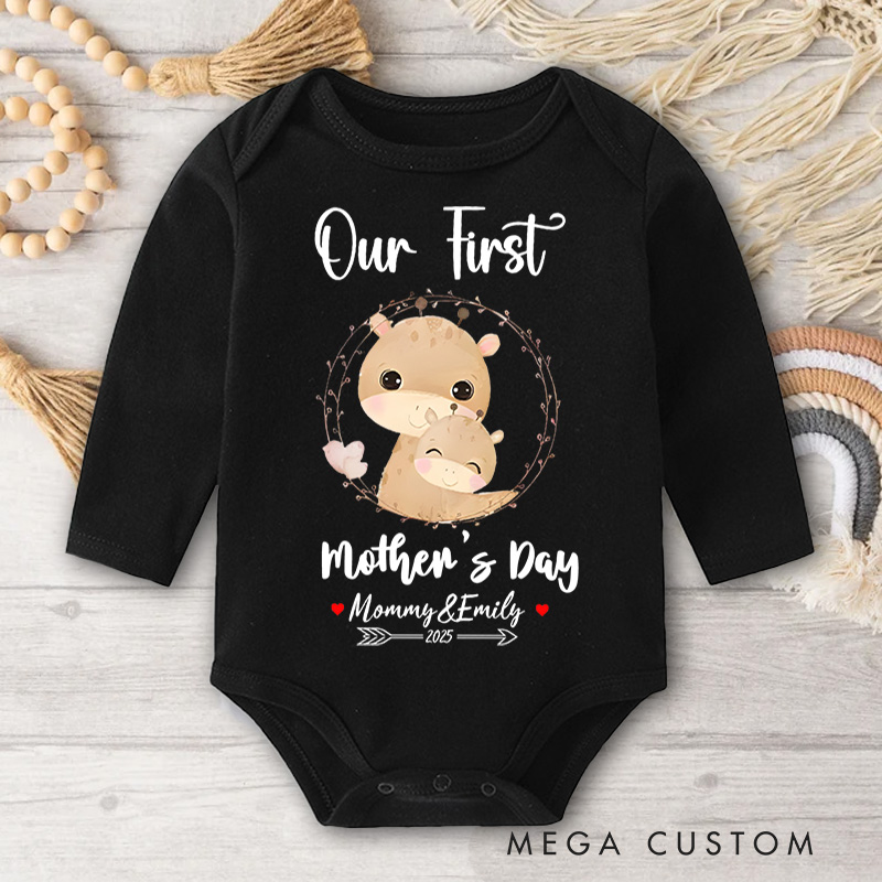 Personalized Our First Mother's Day Design with Cute Animal and Floral Wreath for Mommy and Baby Baby Bodysuit