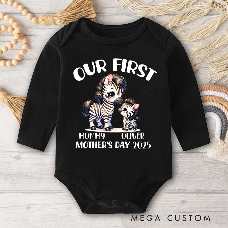 Personalized Our First Mother's Day Zebra Mom and Baby with Names and Year Baby Bodysuit