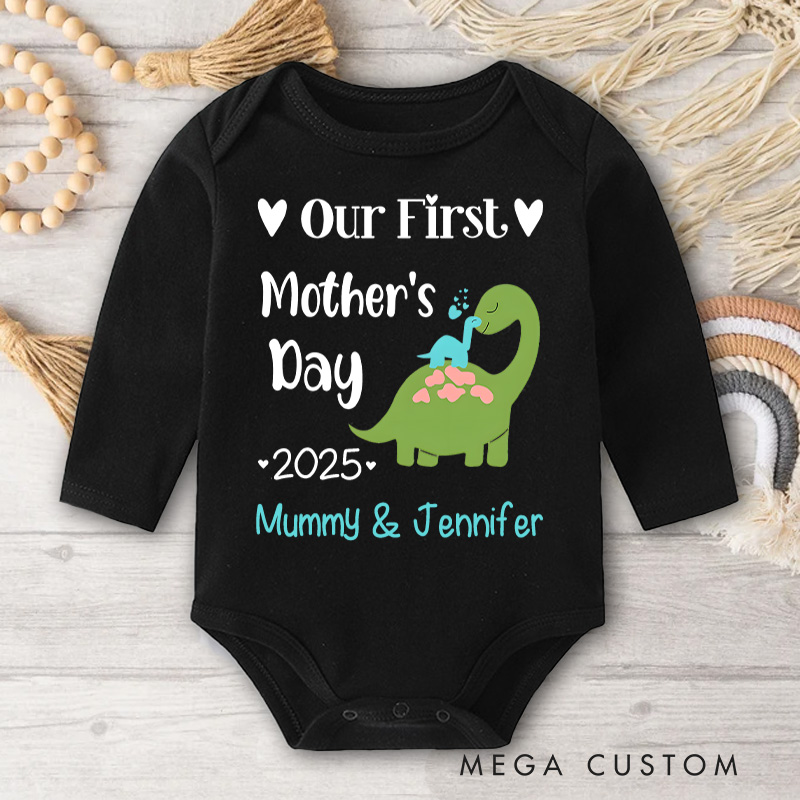 Personalized Our First Mother's Day Dinosaur Mom and Baby with Name and Year for a Fun Design Baby Bodysuit