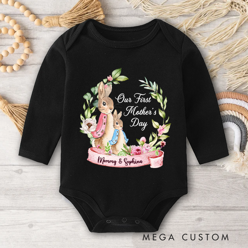 Personalized Our First Mother’s Day Peter Rabbit Bunny Floral Baby Onesie with Names Mother’s Day Gift for Baby New Mom