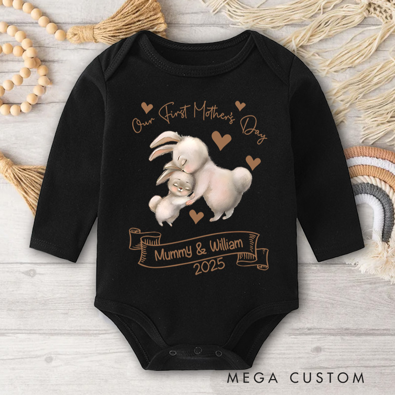 Personalized Our First Mother's Day Gentle Bunny Mom and Baby with Names Baby Bodysuit Gift for New Baby