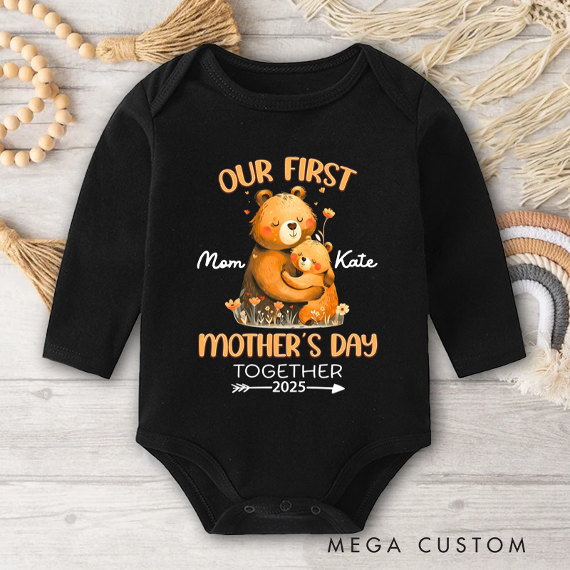 Personalized Hugging Bears Our First Mother's Day Baby Onesie with Name First Mother's Day Gift For Mom Baby