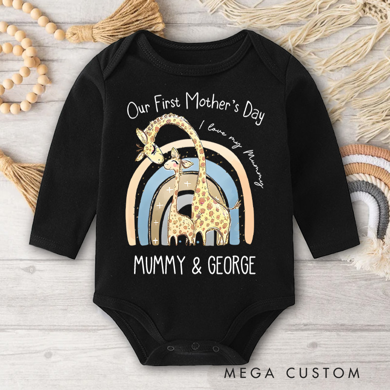 Personalized Our First Mother's Day Giraffe Mom and Baby Surrounded by Pastel Colors and Names Baby Bodysuit