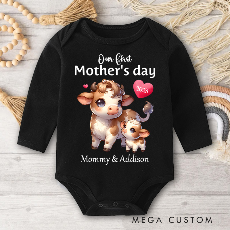Personalized Our First Mother's Day Cow Mom and Baby with Sweet Hearts and Year Baby Bodysuit