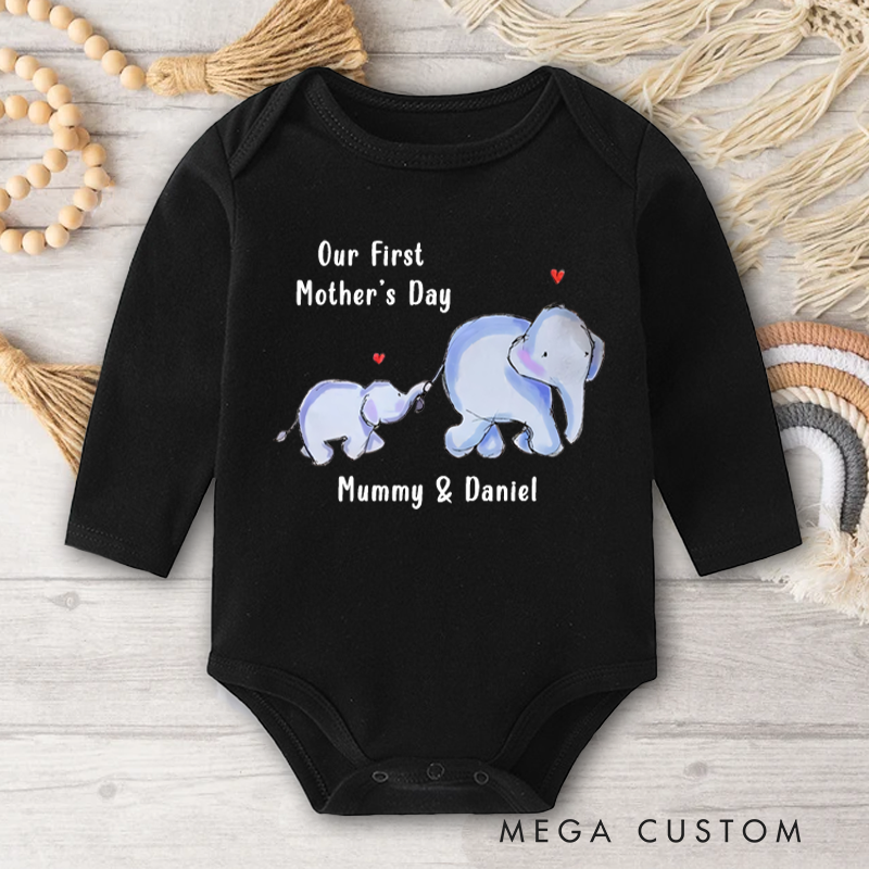 Personalized Our First Mother’s Day Elephant Baby Onesie with Names Gift for Baby New Mom