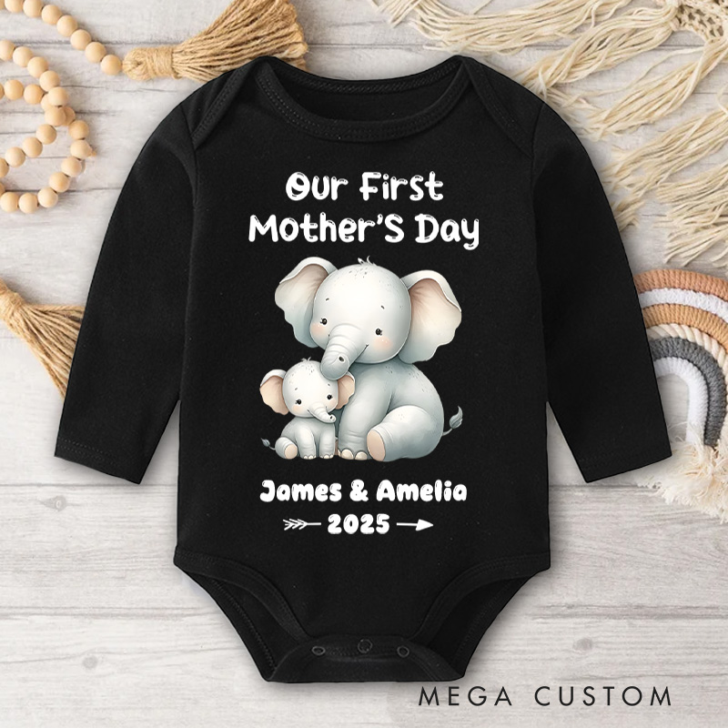 Personalized Our First Mother's Day Design with Sweet Elephant Mom and Baby and Year Baby Bodysuit