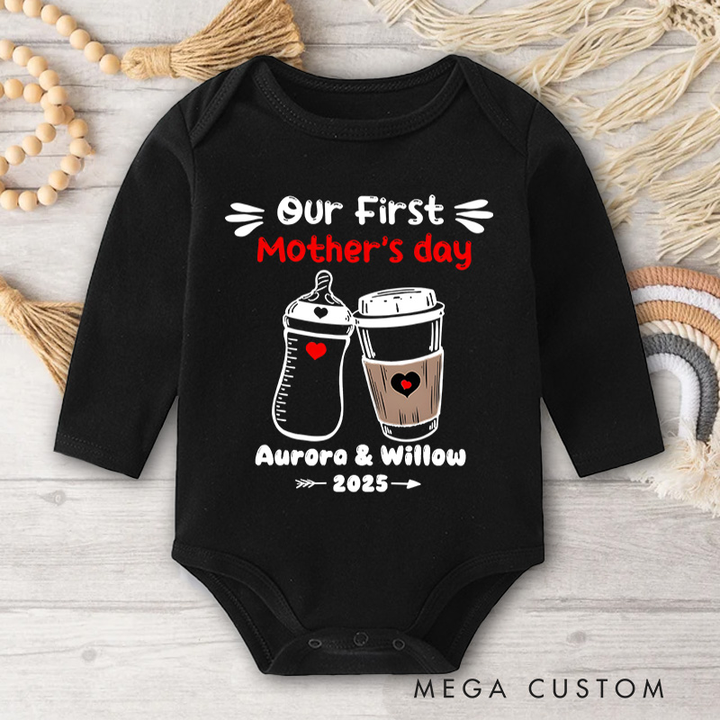 Personalized Our First Mother's Day Milk Bottle and Coffee Cup with Names and Heart Accents Baby Bodysuit