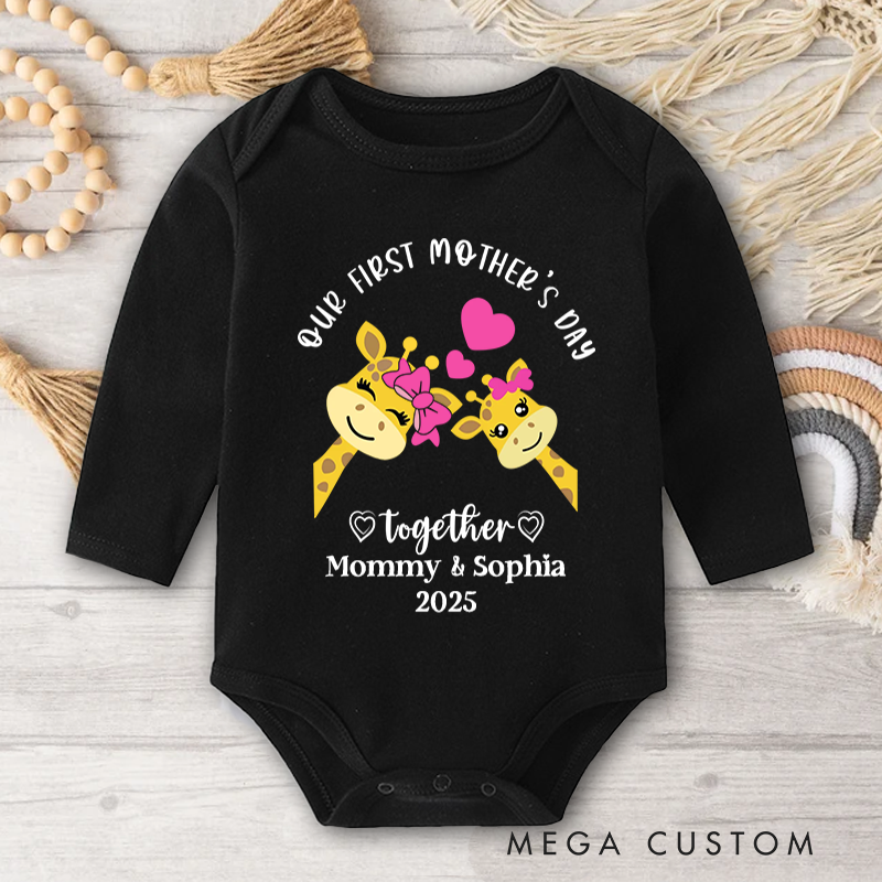 Personalized Our First Mother's Day Together Baby Onesie with Name Cute Giraffe Elephant Bear Koala Gift for Newborn