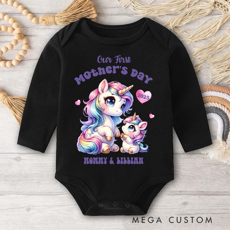 Personalized Our First Mother's Day Unicorn Mom and Baby Design with Vibrant Colors and Name Baby Bodysuit