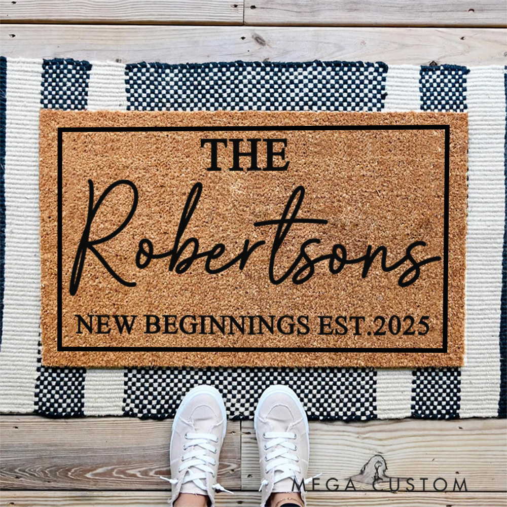 Personalized Doormat Custom New Beginnings Welcome Mat With Family Name New Home Gift Housewarming Wedding Gift for Couples Christmas Gift for Family