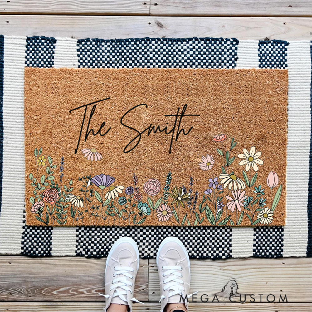 Personalized Doormat Custom Wildflowers Door Mat With Family Name Housewarming Wedding Gift for Couples First Home Gift New Home Gift 