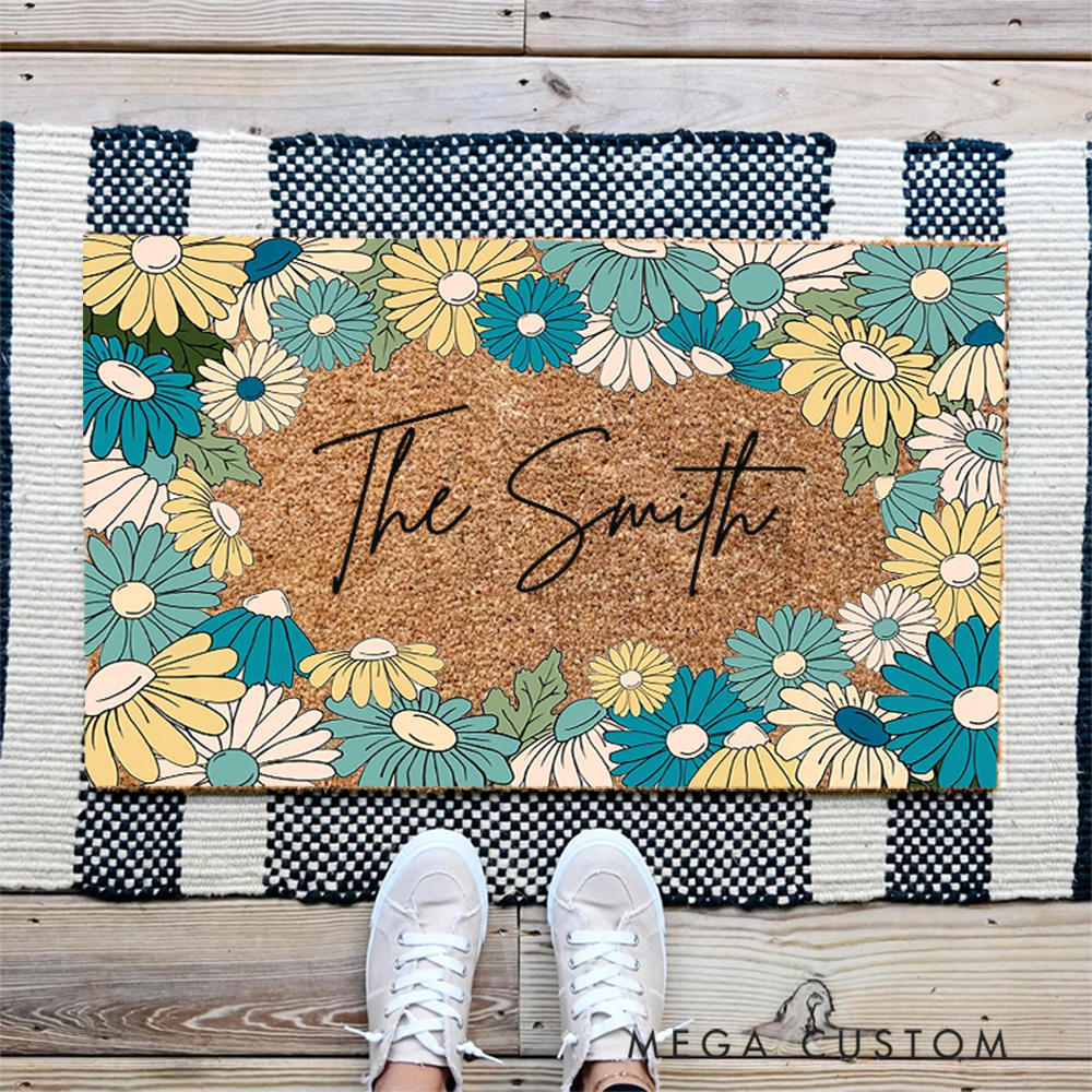 Personalized Doormat Custom Blue Flowers Door Mat With Family Name New Home Gift Housewarming Wedding Gift for Couples Christmas Gift First Home Gift
