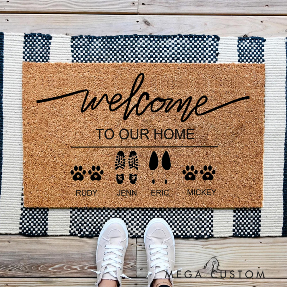 Personalized Welcome Doormat Custom Footprint and Paw Print Doormat Heartfelt Housewarming Gift for Families and Pet Lovers Christmas Gift