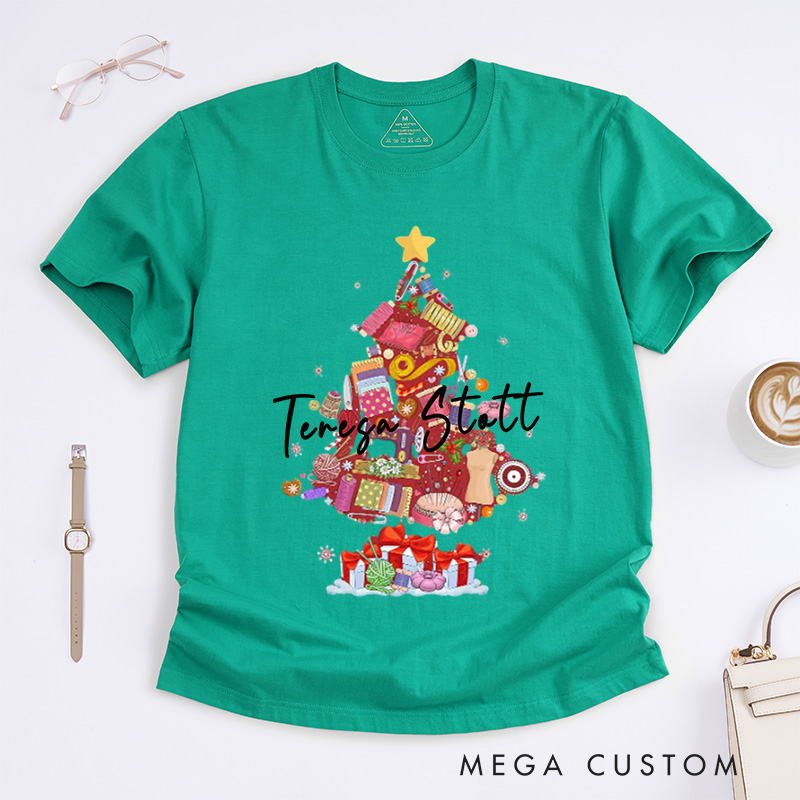 Personalized Sewing Machine Christmas Tree Classic T-Shirts Quilting Shirt Sewing Lover T-Shirt Christmas Tailor Gift Sewing Christmas Shirt