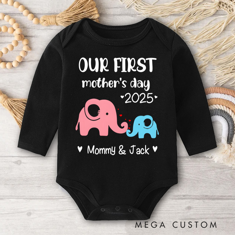 Personalized Our First Mother's Day Pink and Blue Elephant Design with Names and Year Baby Bodysuit