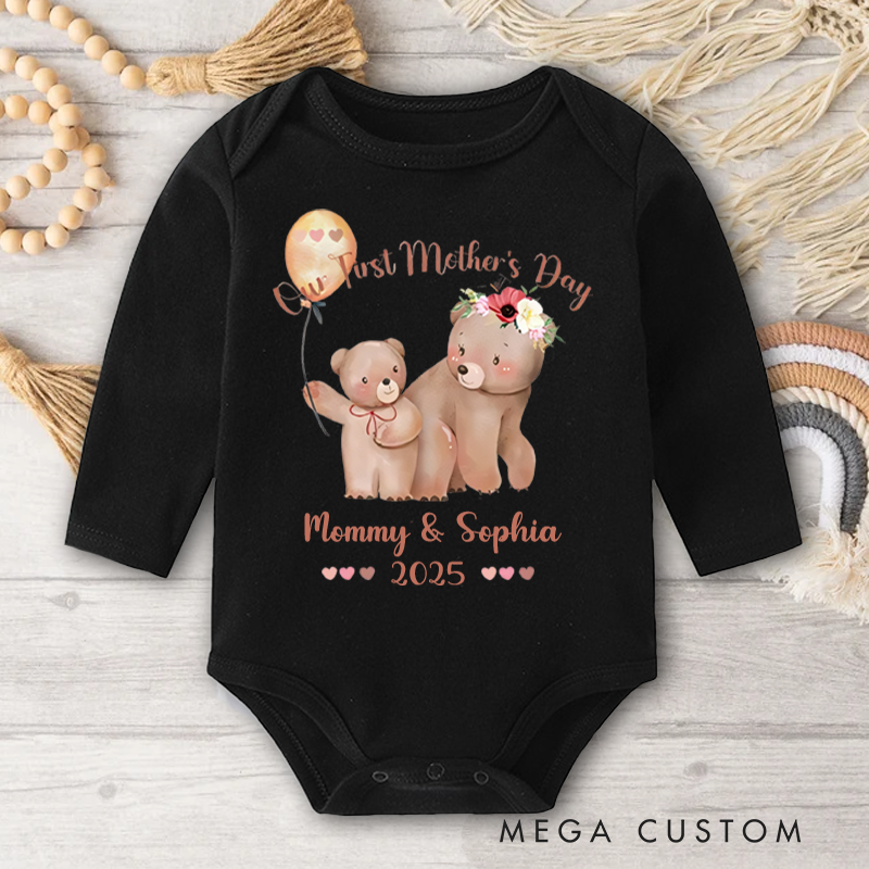 Personalized Watercolor Cute Bears Baby Onesie with Name Our First Mother's Day Gift for Mom Baby