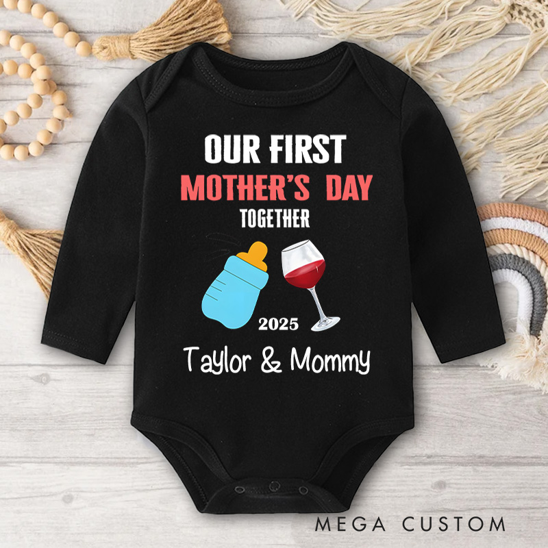 Personalized Our First Mother's Day Together Design with Bottle and Wine Glass Illustration Baby Bodysuit