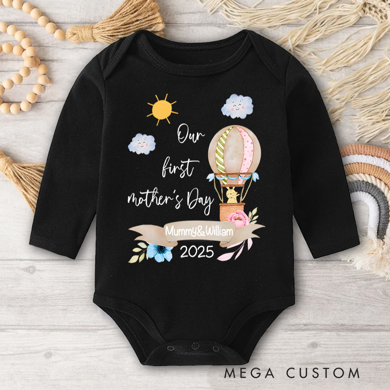 Personalized Our First Mother's Day Hot Air Balloon and Sunny Sky Design with Names and Year Baby Bodysuit