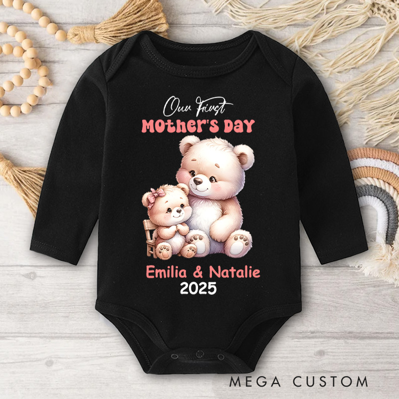 Personalized Our First Mother's Day Bear Mom and Baby Design with Cute Pastel Colors and Names Baby Bodysuit