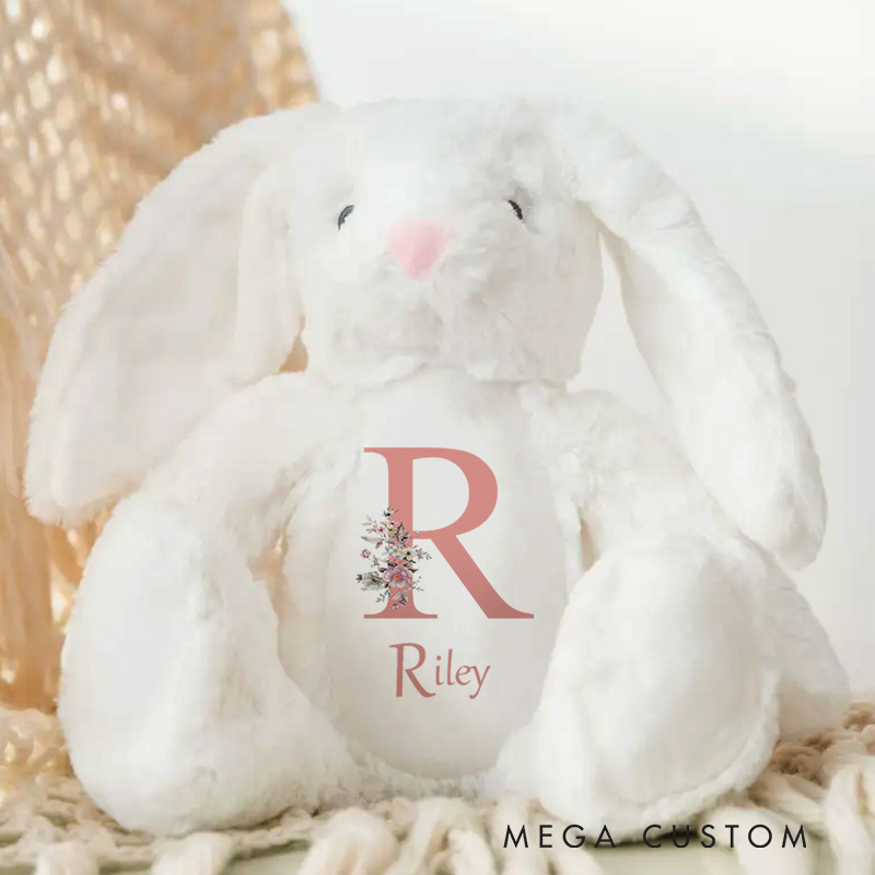 Personalized Initial and Name Illustration with Floral Accents for a Unique and Elegant Nursery Keepsake Baby Rabbit Plush Toys