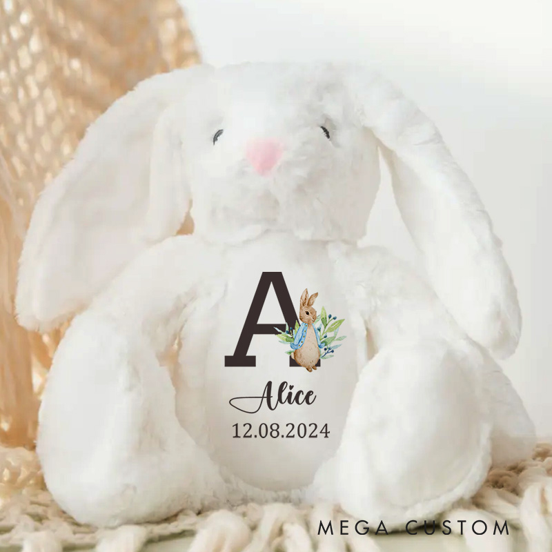 Personalized Initial and Name Illustration Featuring Date and Floral Details for a Charming Nursery Accent Baby Rabbit Plush Toys