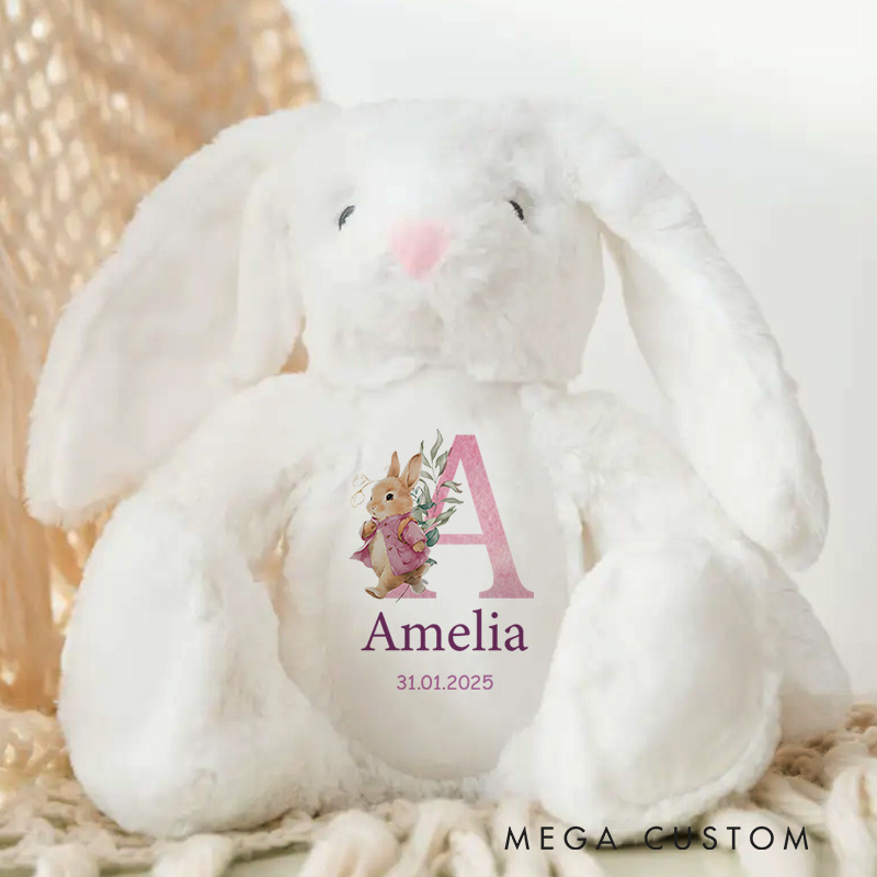 Personalized Initial and Name Illustration with Pastel Floral Accents for a Delightful and Sophisticated Keepsake Baby Rabbit Plush Toys