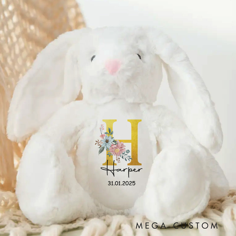 Personalized Initial and Name Illustration Featuring Date and Floral Accents for a Beautiful Nursery Decoration Baby Rabbit Plush Toys