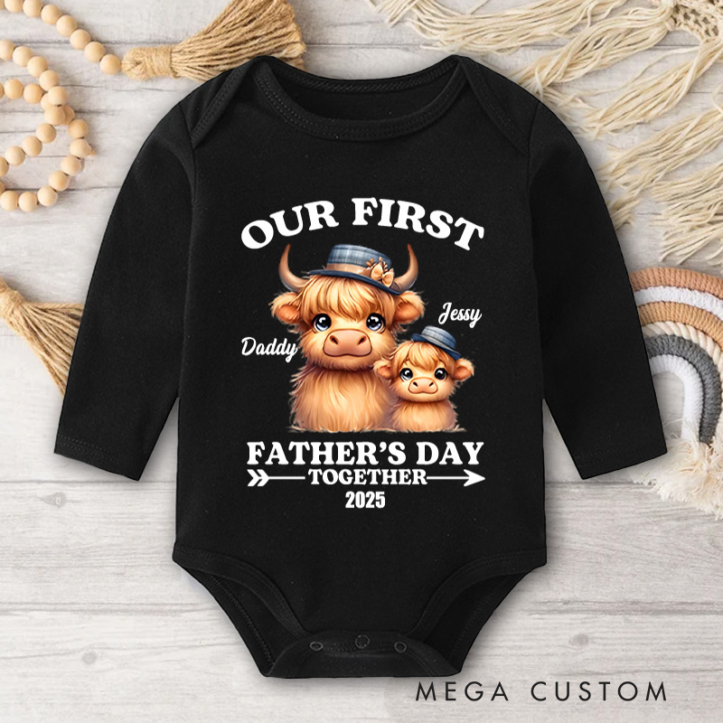 Personalized Highland Cow Dad and Baby Illustration for Our First Father's Day Together Baby Bodysuit