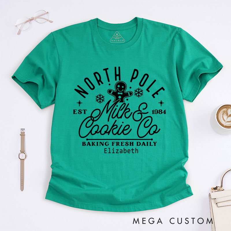 Personalized North Pole Milk and Cookie Co Classic T-Shirts Christmas Baking Christmas Cookie Shirt Gingerbread Christmas Gift