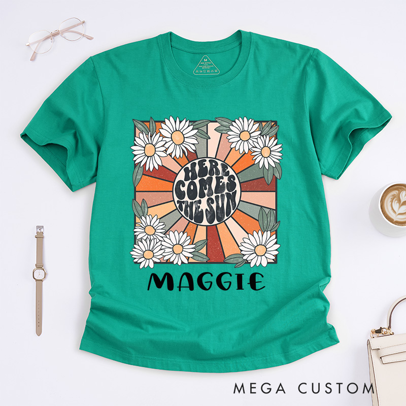 Personalized Here Comes the Sun Classic T-Shirts for Women Travel Beach Vacation T-Shirt Sunshine Tee Beatles Retro Shirts Motivational Shirt Gift