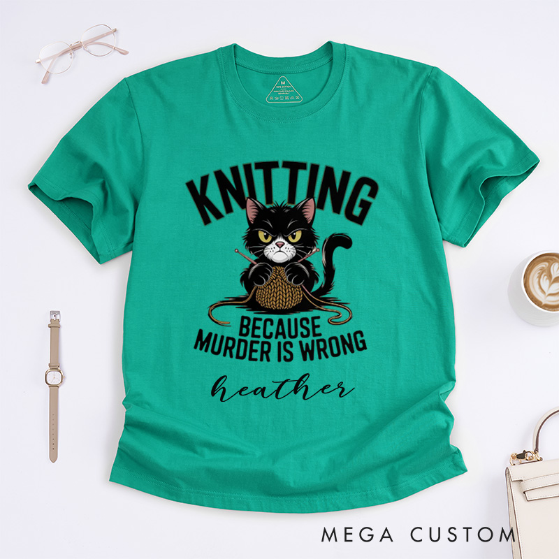 Personalized Funny Cat Knitting Classic T-Shirts Humorous Knitter Enthusiast Tee Knit T-Shirt Custom Gift 