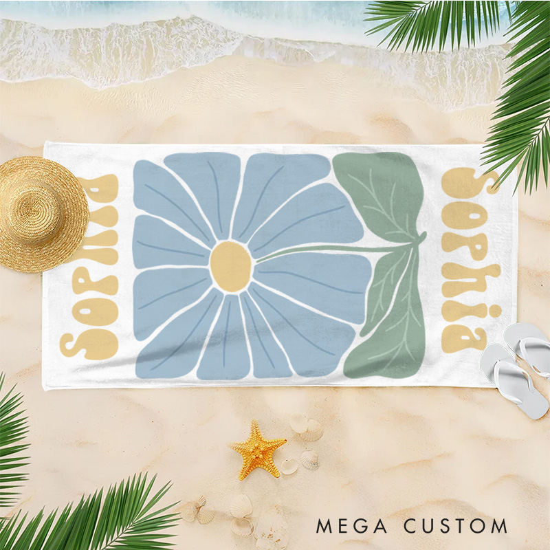 Personalized Blue Floral Quick Dry Oversized Beach Towel with Name Summer Vacation Pool Party Gifts for Kids
