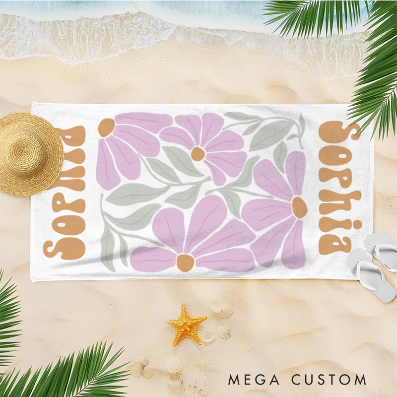 Personalized Purple Floral Quick Dry Oversized Beach Towel with Name Summer Vacation Pool Party Gifts for Kid