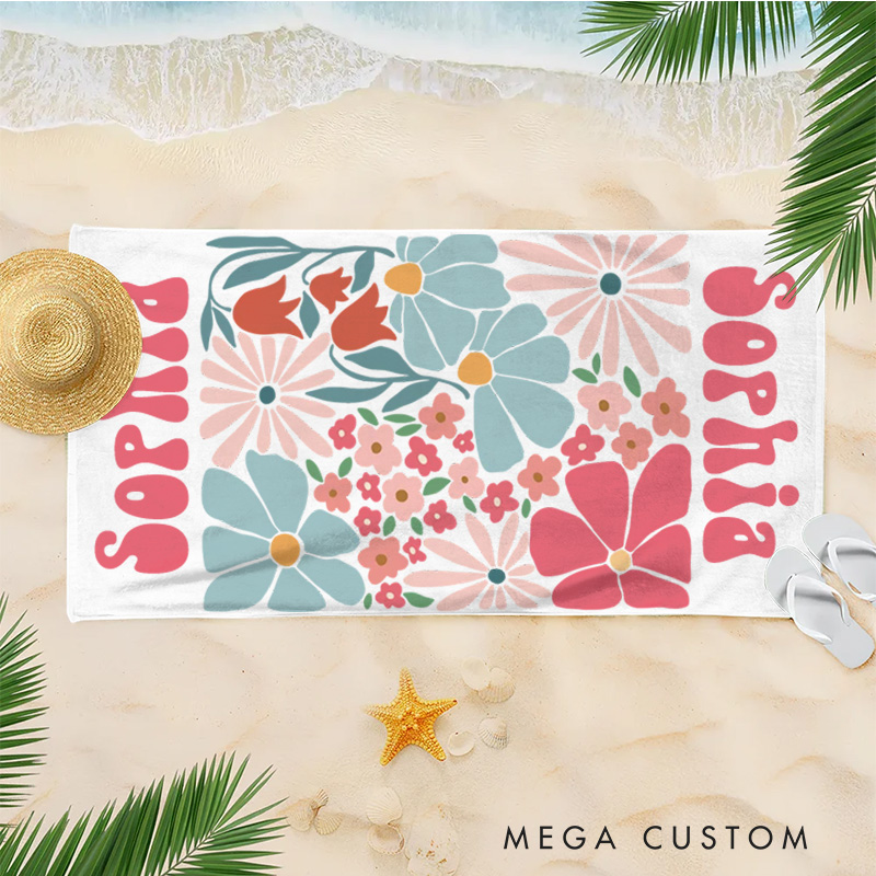 Personalized Floral Quick Dry Oversized Beach Towel with Name Summer Vacation Pool Party Gifts for Kid