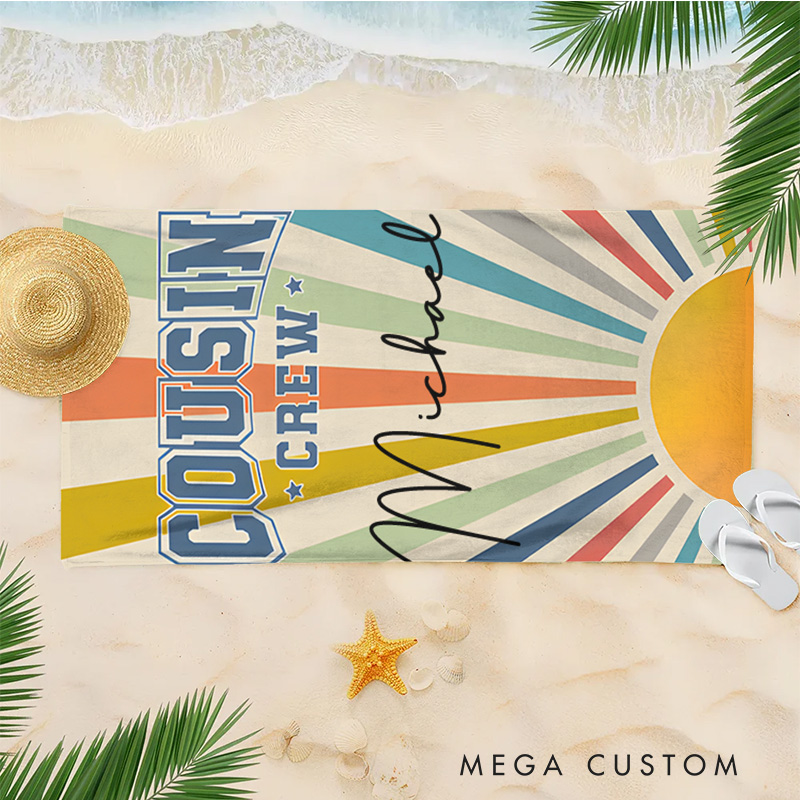 Personalized Cousin Crew Vintage Sunray Kids Beach Towel with Name Beach Party Travel Gift