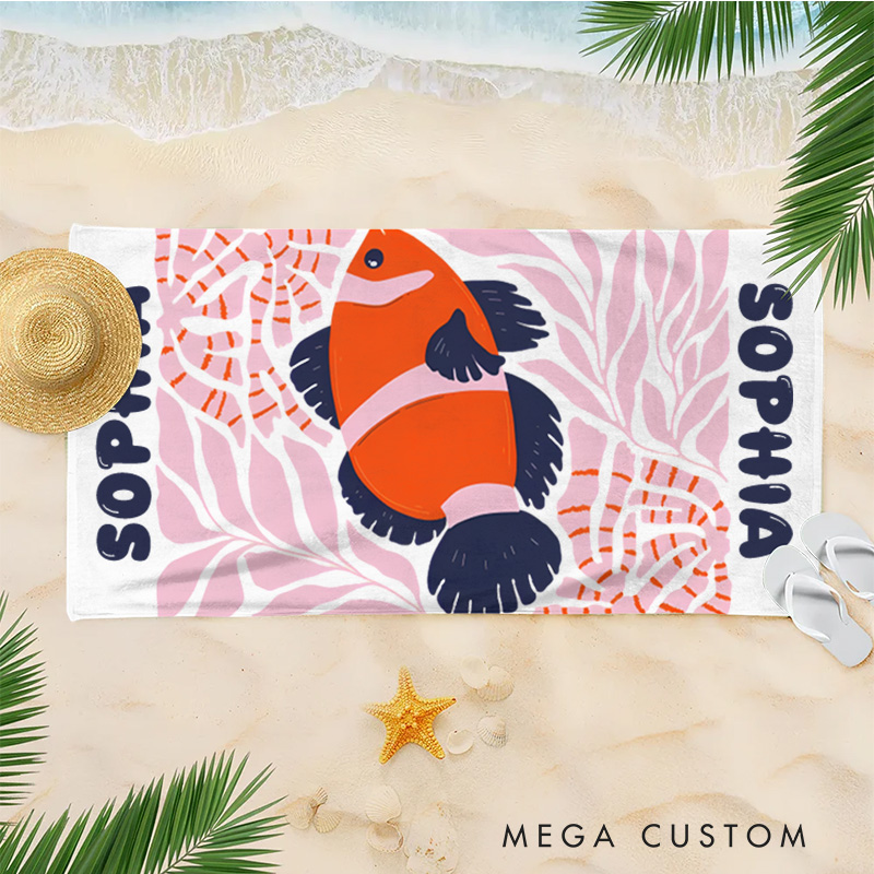 Personalized Red Fish Marine Life Art Illustration Kids Beach Towel with Name Summer Vacation Travel Gift for Kids