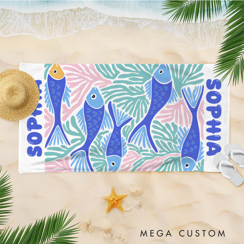 Personalized Fish Marine Life Art Illustration Kids Beach Towel with Name Summer Vacation Travel Gift for Kids