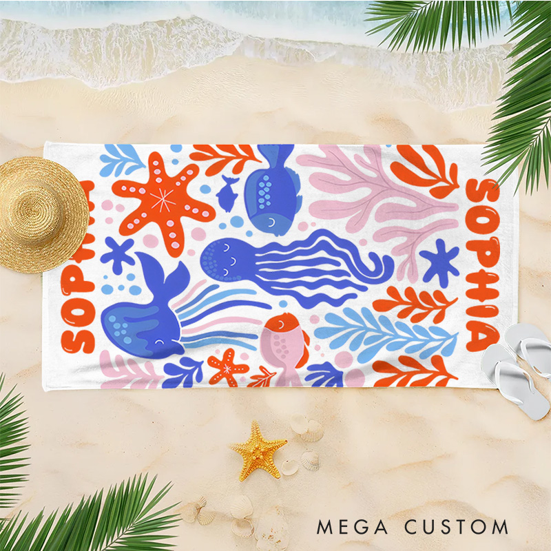 Personalized Marine Life Art Illustration Kids Beach Towel with Name Summer Vacation Travel Gift for Kids