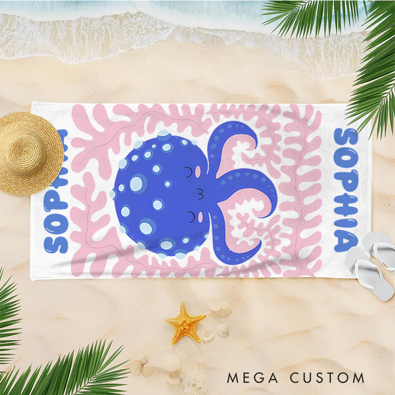 Personalized Octopus Life Art Illustration Kids Beach Towel with Name Summer Vacation Travel Gift for Kids