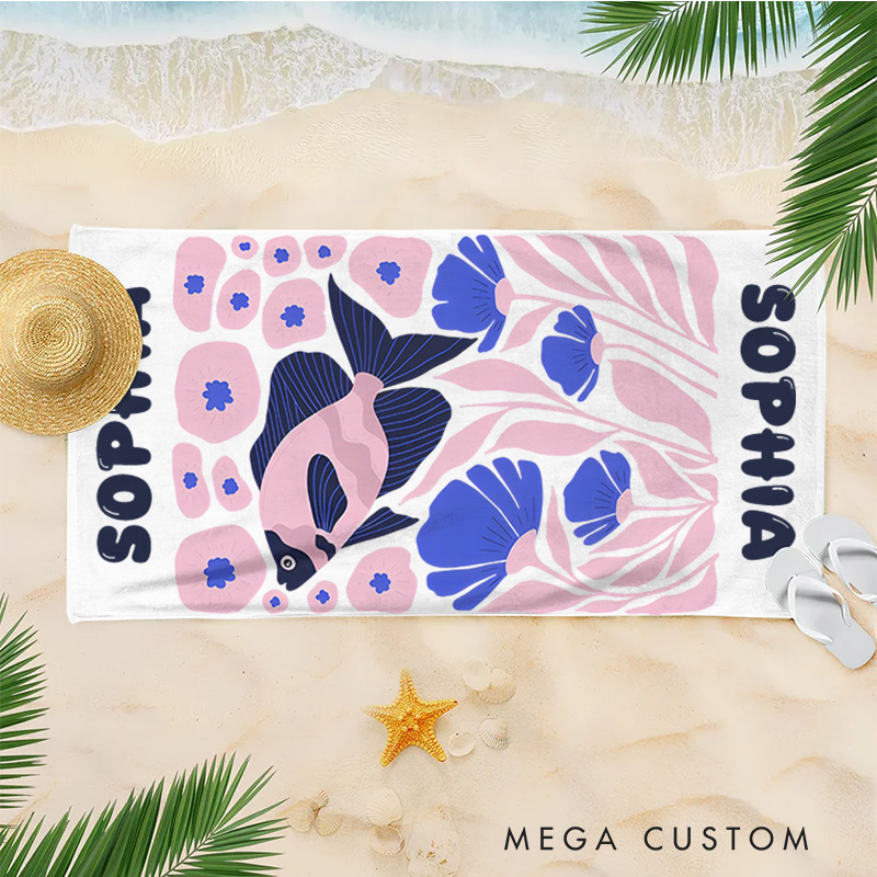 Personalized Pink Fish Life Art Illustration Kids Beach Towel with Name Summer Vacation Travel Gift for Kids
