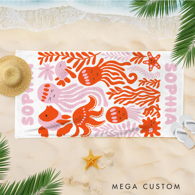 Personalized Pink Octopus Life Art Illustration Kids Beach Towel with Name Summer Vacation Travel Gift for Kids
