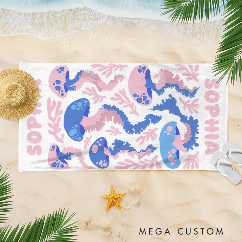 Personalized Jellyfish Life Art Illustration Kids Beach Towel with Name Summer Vacation Travel Gift for Kids