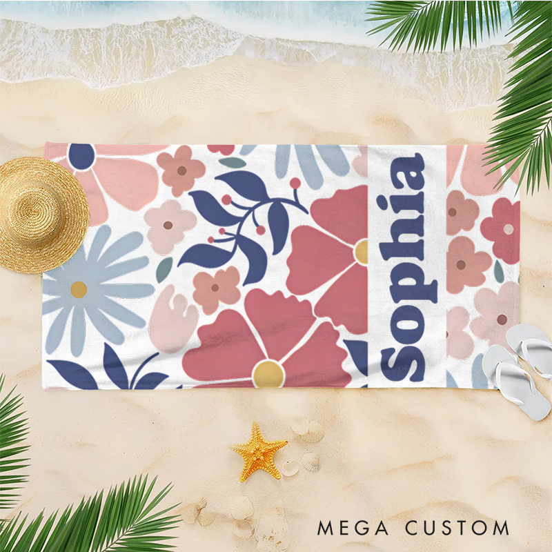 Personalized Pink Danish Flower Kids Beach Towel with Name Beach Party Travel Birthday Gift for Kids
