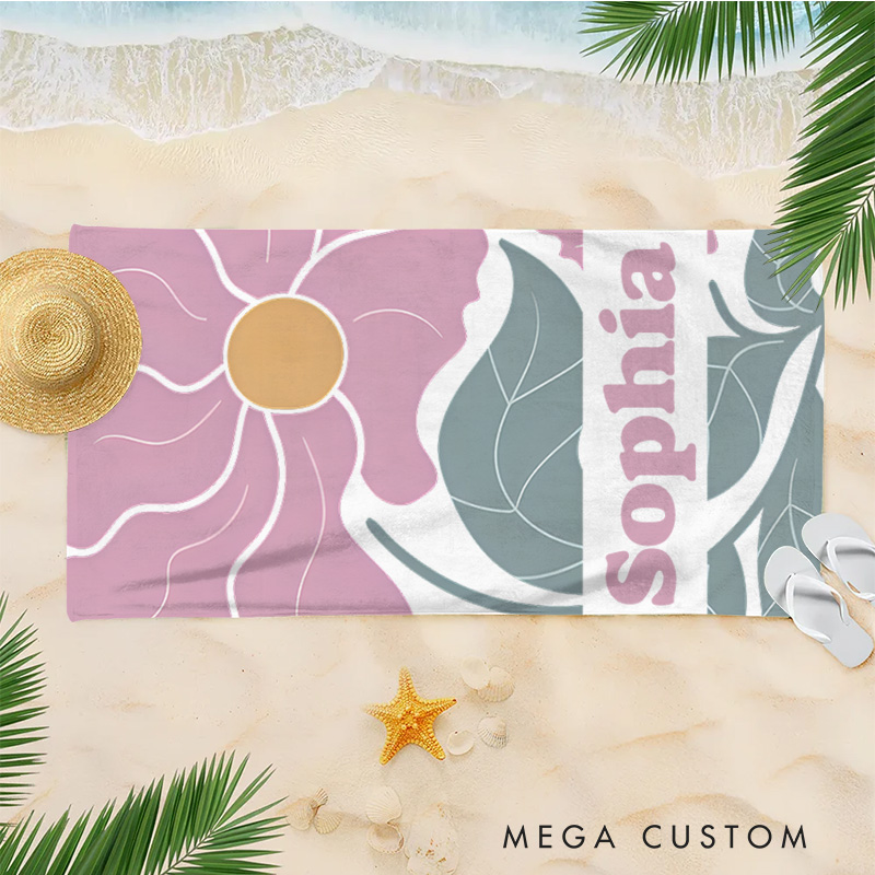 Personalized Purple Danish Flower Kids Beach Towel with Name Beach Party Travel Birthday Gift for Kids