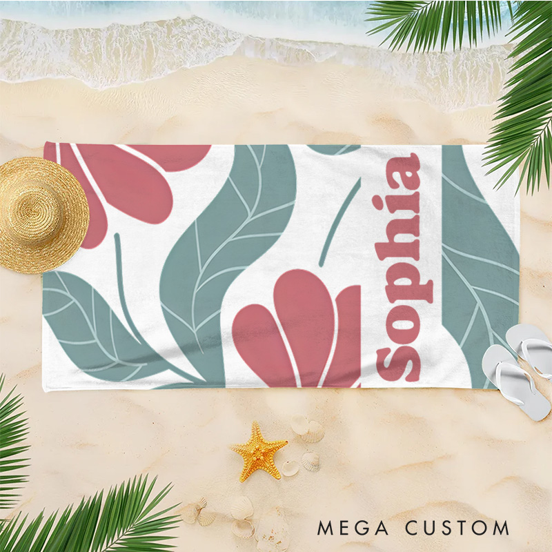 Personalized Red Danish Flower Kids Beach Towel with Name Beach Party Travel Birthday Gift for Kid