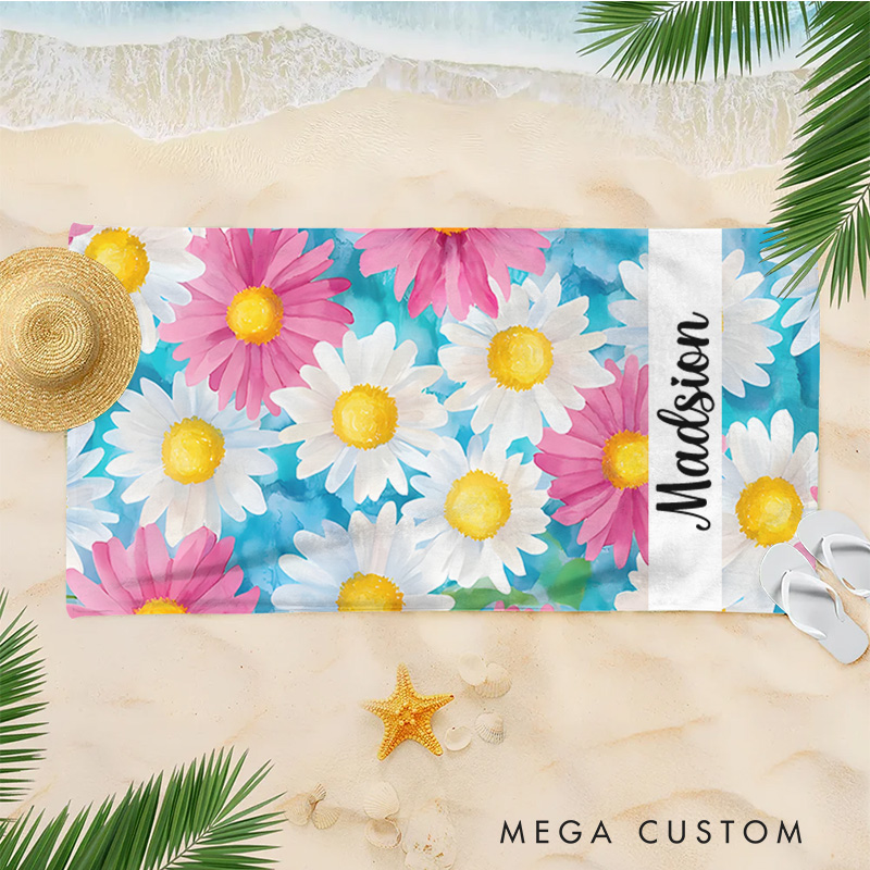Personalized Watercolor Floral Stripe Kids Beach Towel with Name Beach Party Summer Vacation Gift for Kids