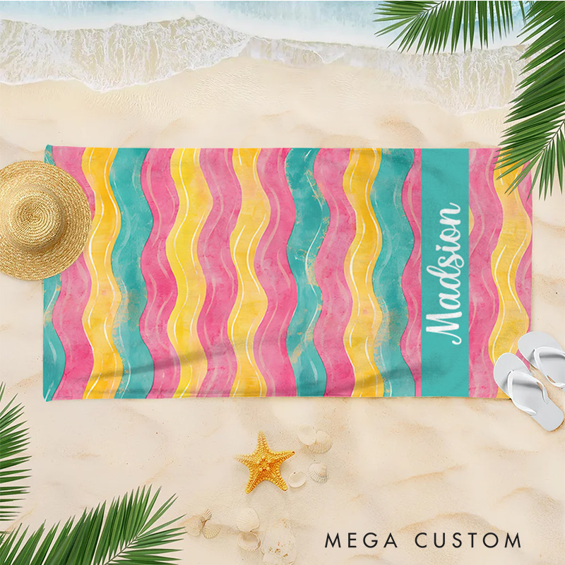 Personalized  Watercolor Floral Pink and Blue Stripe Kids Beach Towel with Name Beach Party Summer Vacation Gift for Kids