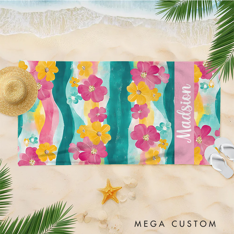 Personalized Pink and Yellow Watercolor Floral  Stripe Kids Beach Towel with Name Beach Party Summer Vacation Gift for Kids