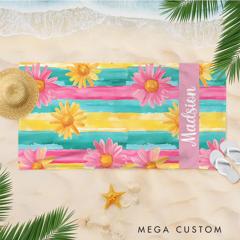Personalized Floral  Stripe Kids Beach Towel with Name Beach Party Summer Vacation Gifts for Kids
